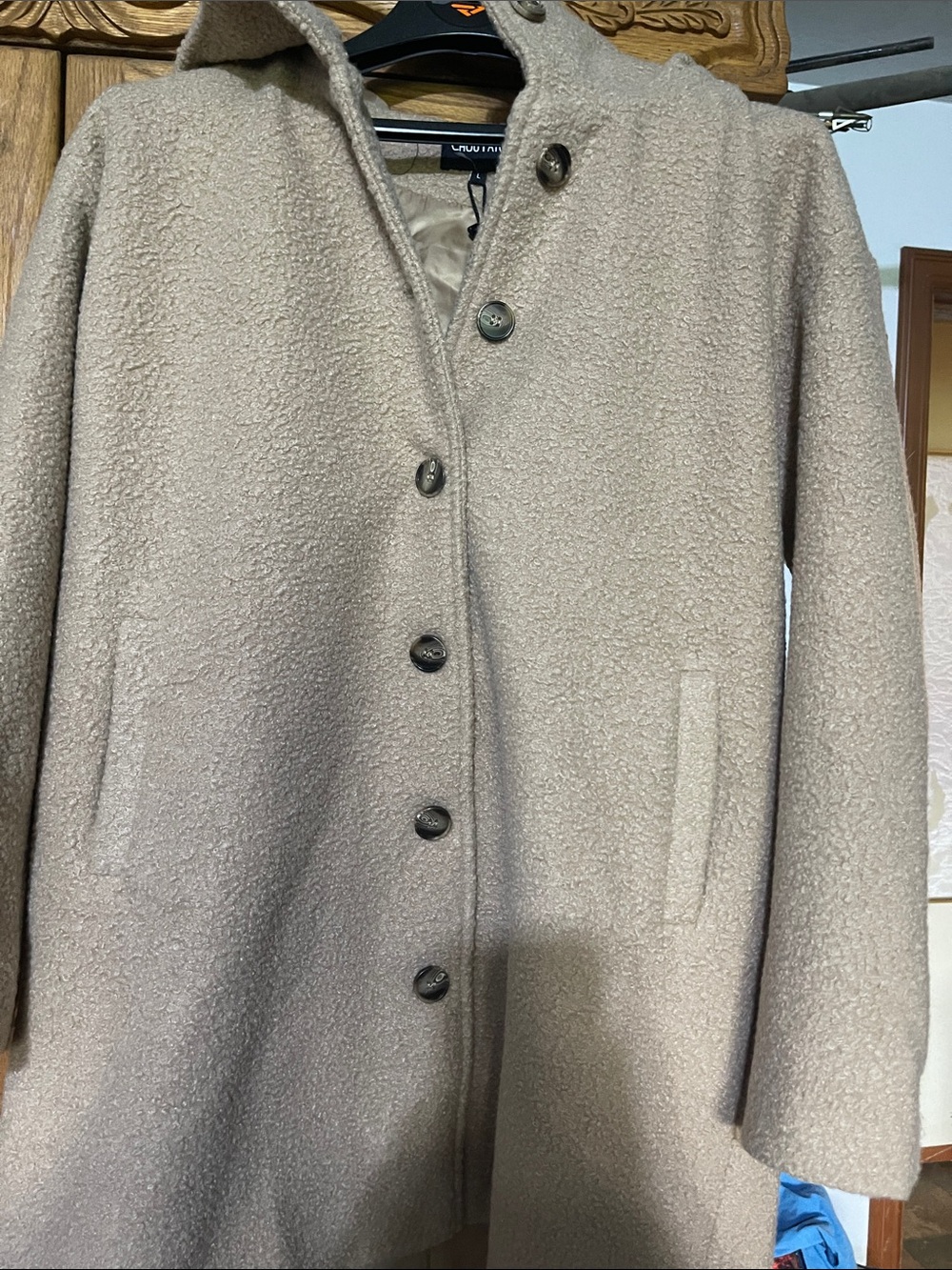 Textured Hooded Pea Coat in Light Beige